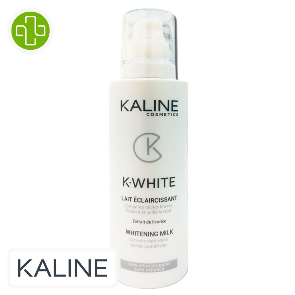 Produit de la marque kaline k-white lait éclaircissant unifiant - 200ml sur un fond blanc avec un logo parachezvous et celui de de la marque kaline
