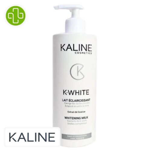 Produit de la marque Kaline K-White Lait Éclaircissant Unifiant - 500ml sur un fond blanc avec un logo Parachezvous et celui de de la marque Kaline