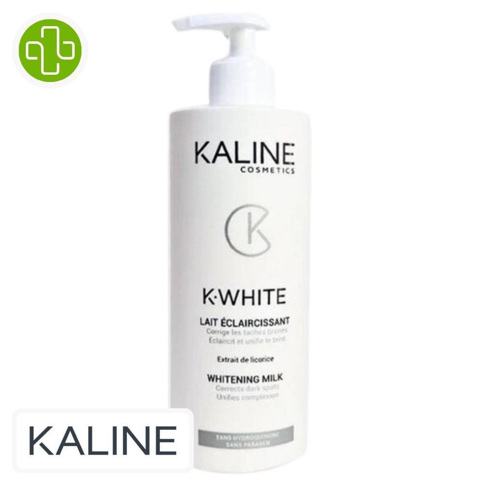 Produit de la marque kaline k-white lait éclaircissant unifiant - 500ml sur un fond blanc avec un logo parachezvous et celui de de la marque kaline