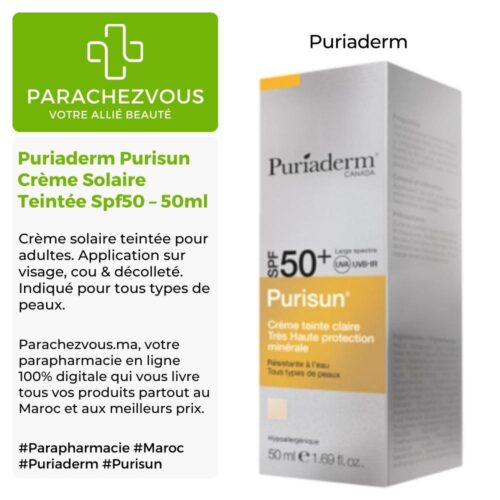 Produit de la marque Puriaderm Purisun Crème Solaire Teintée Spf50 - 50ml sur un fond blanc, vert et gris avec un logo Parachezvous et celui de la marque Puriaderm ainsi qu'une description qui détail les informations du produit