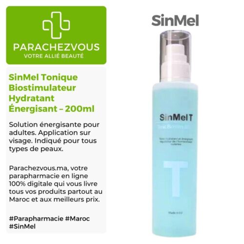Produit de la marque SinMel Tonique Biostimulateur Hydratant Énergisant Régulateur - 200ml sur un fond blanc, vert et gris avec un logo Parachezvous et celui de la marque Sinmel ainsi qu'une description qui détail les informations du produit