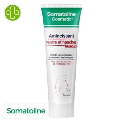 Produit de la marque Somatoline Cosmetic Amincissant Ventre & Hanches Cryogel - 250ml sur un fond blanc avec un logo Parachezvous et celui de de la marque Somatoline Cosmetic