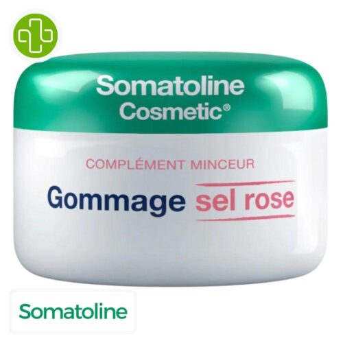 Produit de la marque Somatoline Cosmetic Gommage Sel Rose - 350g sur un fond blanc avec un logo Parachezvous et celui de de la marque Somatoline Cosmetic