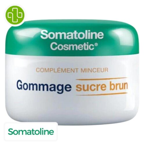 Produit de la marque Somatoline Cosmetic Gommage Sucre Brun - 350g sur un fond blanc avec un logo Parachezvous et celui de de la marque Somatoline Cosmetic