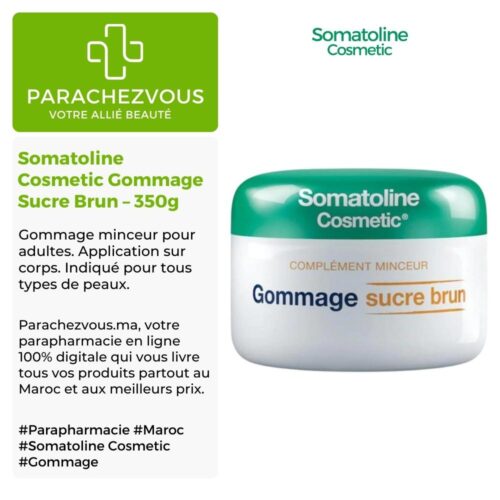 Produit de la marque Somatoline Cosmetic Gommage Sucre Brun - 350g sur un fond blanc, vert et gris avec un logo Parachezvous et celui de la marque Somatoline Cosmetic ainsi qu'une description qui détail les informations du produit