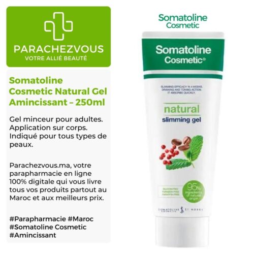 Produit de la marque Somatoline Cosmetic Natural Gel Amincissant - 250ml sur un fond blanc, vert et gris avec un logo Parachezvous et celui de la marque Somatoline Cosmetic ainsi qu'une description qui détail les informations du produit