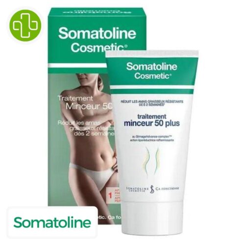 Produit de la marque Somatoline Cosmetic Traitement Minceur 50 Plus - 150ml sur un fond blanc avec un logo Parachezvous et celui de de la marque Somatoline Cosmetic