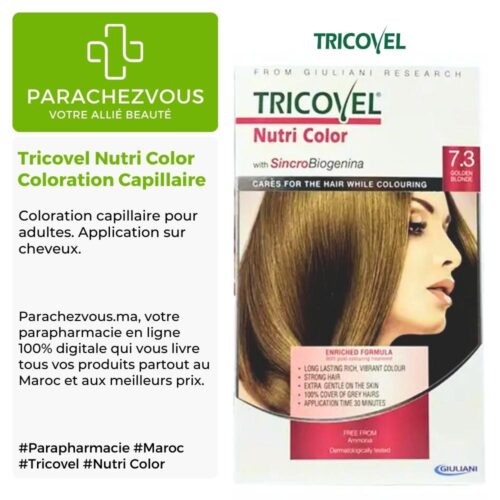 Produit de la marque Tricovel Nutri Color Coloration Capillaire sur un fond blanc, vert et gris avec un logo Parachezvous et celui de la marque Tricovel ainsi qu'une description qui détail les informations du produit