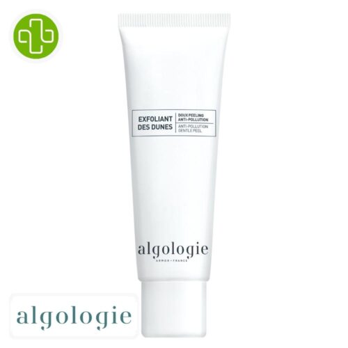 Produit de la marque Algologie Dunes Exfoliant Doux Peeling Anti-Pollution - 50ml sur un fond blanc avec un logo Parachezvous et celui de de la marque Algologie