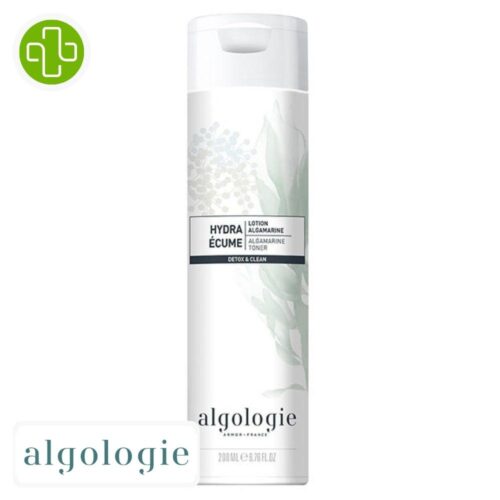 Produit de la marque Algologie Hydra Écume Lotion Algamarine - 200ml sur un fond blanc avec un logo Parachezvous et celui de de la marque Algologie