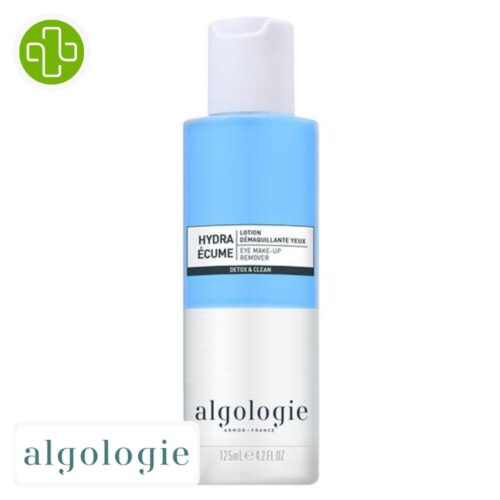 Produit de la marque Algologie Hydra Écume Lotion Démaquillante Yeux - 125ml sur un fond blanc avec un logo Parachezvous et celui de de la marque Algologie