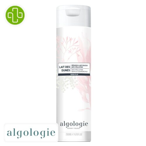 Produit de la marque Algologie Dunes Lait Démaquillant Douceur Anti-Pollution - 200ml sur un fond blanc avec un logo Parachezvous et celui de de la marque Algologie