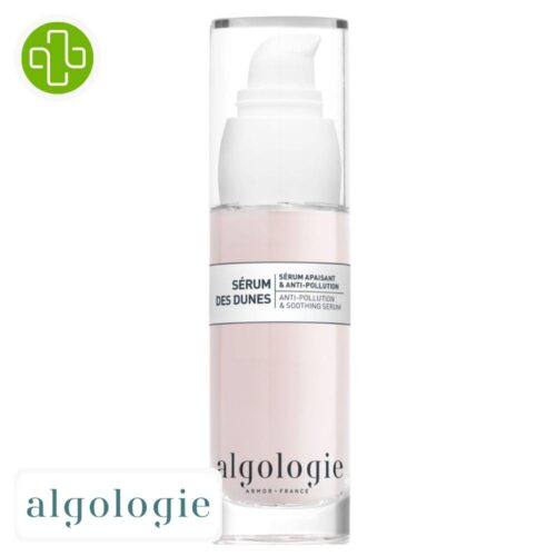 Produit de la marque Algologie Dunes Sérum Apaisant & Anti-Pollution - 30ml sur un fond blanc avec un logo Parachezvous et celui de de la marque Algologie