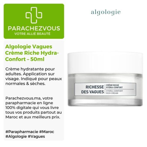 Produit de la marque Algologie Vagues Crème Riche Hydra-Confort - 50ml sur un fond blanc, vert et gris avec un logo Parachezvous et celui de la marque Algologie ainsi qu'une description qui détail les informations du produit