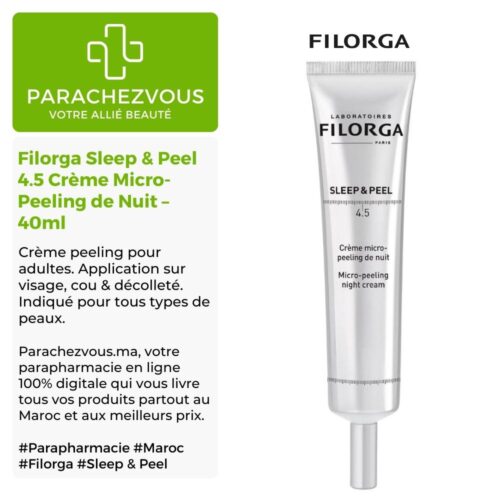 Produit de la marque Filorga Sleep & Peel 4.5 Crème Micro-Peeling de Nuit - 40ml sur un fond blanc, vert et gris avec un logo Parachezvous et celui de la marque Filorga ainsi qu'une description qui détail les informations du produit