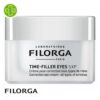 Produit de la marque Filorga Time-Filler Eyes 5XP Crème Yeux Correction Rides - 15ml sur un fond blanc avec un logo Parachezvous et celui de de la marque Filorga