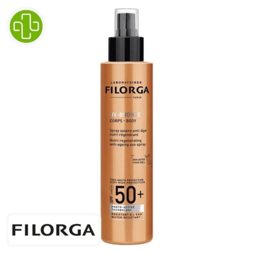 Produit de la marque Filorga UV-Bronze Corps Spray Solaire Anti-Âge Nutri-Régénérant Spf50 - 150ml sur un fond blanc avec un logo Parachezvous et celui de de la marque Filorga