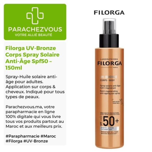 Produit de la marque Filorga UV-Bronze Corps Spray Solaire Anti-Âge Nutri-Régénérant Spf50 - 150ml sur un fond blanc, vert et gris avec un logo Parachezvous et celui de la marque Filorga ainsi qu'une description qui détail les informations du produit