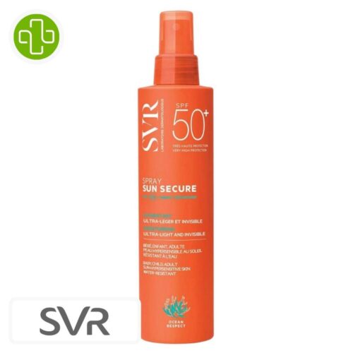Produit de la marque SVR Sun Secure Spray Solaire Ultra-Léger & Invisible Spf50 – 200ml sur un fond blanc avec un logo Parachezvous et celui de de la marque SVR