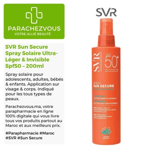 Produit de la marque SVR Sun Secure Spray Solaire Ultra-Léger & Invisible Spf50 – 200ml sur un fond blanc, vert et gris avec un logo Parachezvous et celui de la marque SVR ainsi qu'une description qui détail les informations du produit