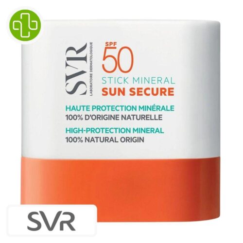 Produit de la marque SVR Sun Secure Stick Solaire Minéral Haute Protection Spf50 – 10g sur un fond blanc avec un logo Parachezvous et celui de de la marque SVR