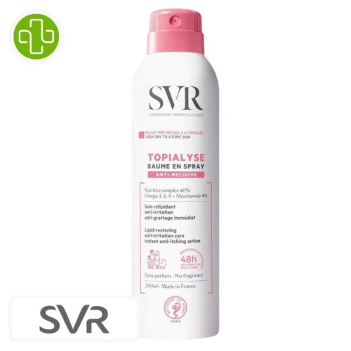 Produit de la marque SVR Topialyse Baume en Spray Relipidant Anti-Irritation Anti-Grattage Immédiat – 200ml sur un fond blanc avec un logo Parachezvous et celui de de la marque SVR