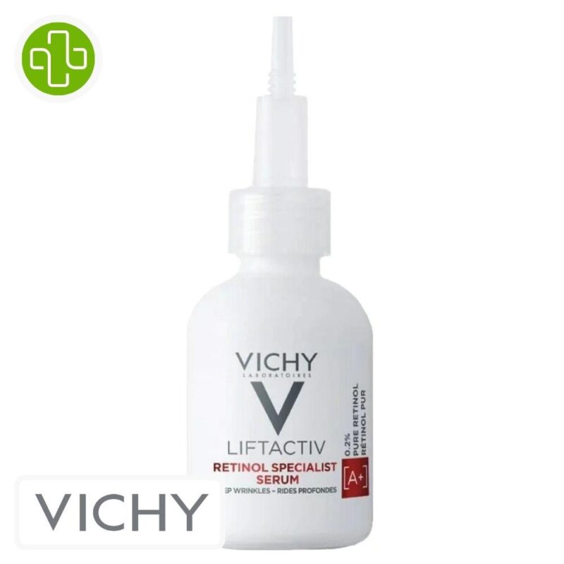 Produit de la marque vichy liftactiv retinol specialist sérum de nuit anti-âge - 30ml sur un fond blanc avec un logo parachezvous et celui de de la marque vichy