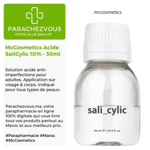 Produit de la marque mccosmetics acide salicylic 10% – 30ml sur un fond blanc, vert et gris avec un logo parachezvous et celui de la marque mccosmetics ainsi qu'une description qui détail les informations du produit
