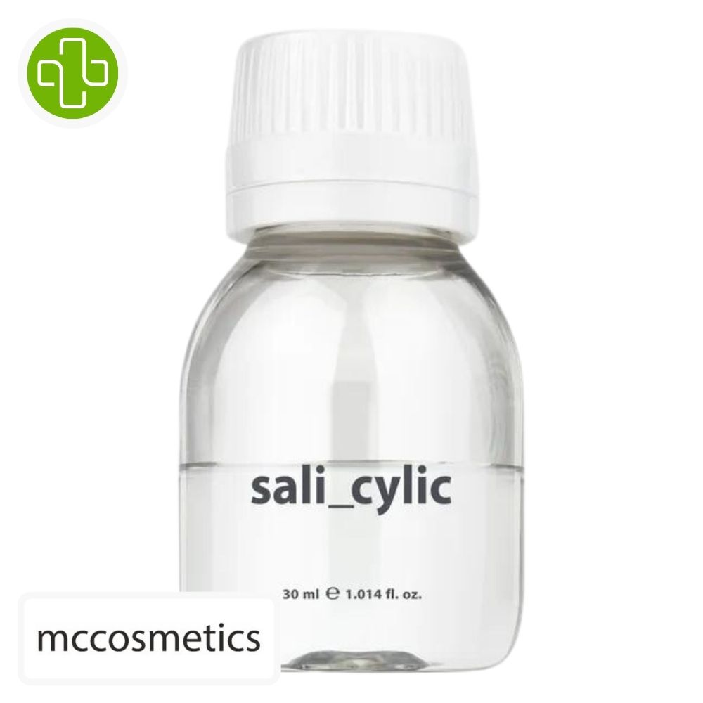 Produit de la marque McCosmetics Acide SaliCylic 10% – 30ml sur un fond blanc avec un logo Parachezvous et celui de de la marque McCosmetics