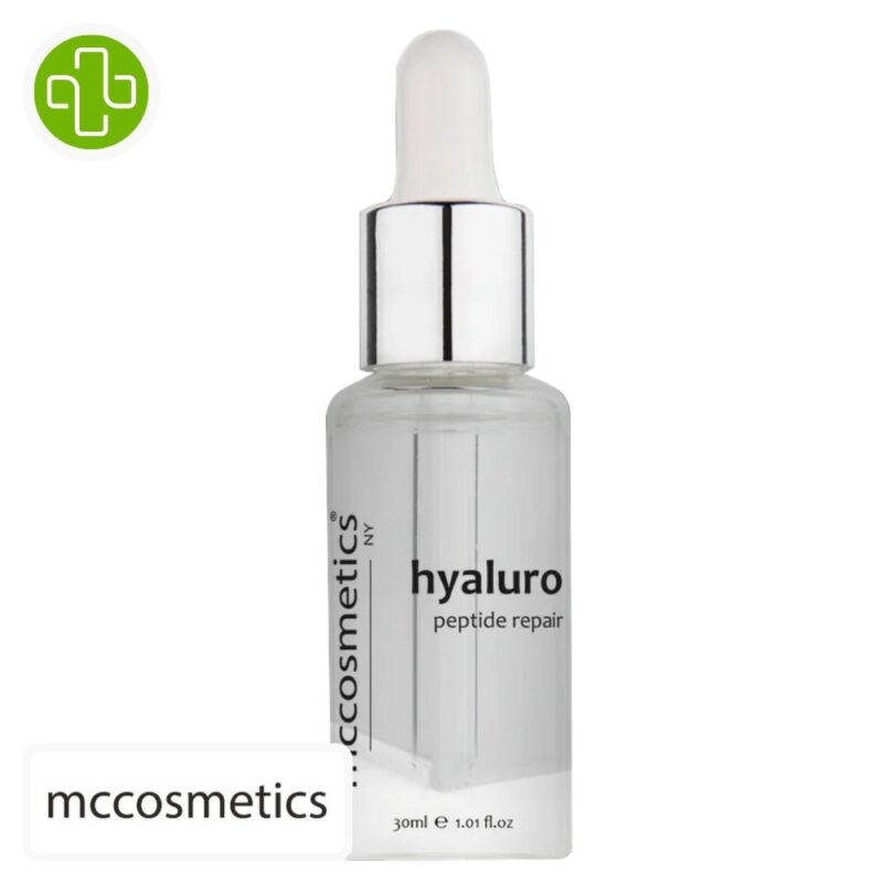 Produit de la marque mccosmetics hyaluro peptide repair sérum – 30ml sur un fond blanc avec un logo parachezvous et celui de de la marque mccosmetics