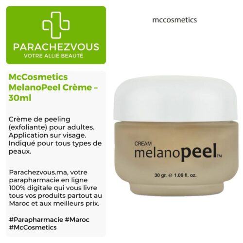 Produit de la marque mccosmetics melanopeel crème – 30ml sur un fond blanc, vert et gris avec un logo parachezvous et celui de la marque mccosmetics ainsi qu'une description qui détail les informations du produit
