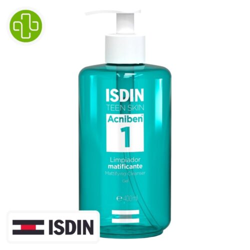 Produit de la marque Isdin Acniben 1 Gel Nettoyant Matifiant – 400ml sur un fond blanc avec un logo Parachezvous celui de de la marque Isdin