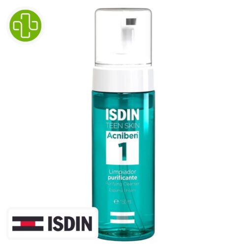 Produit de la marque Isdin Acniben 1 Mousse Nettoyante Purifiante – 150ml sur un fond blanc avec un logo Parachezvous celui de de la marque Isdin