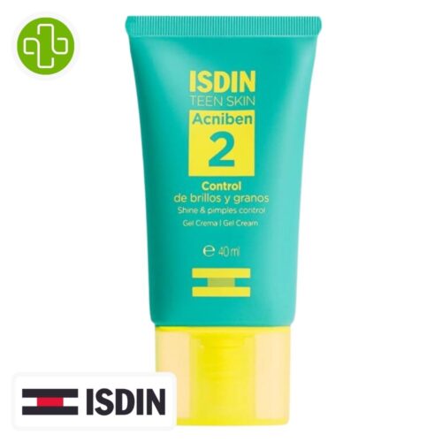 Produit de la marque Isdin Acniben 2 Gel-Crème Control Brillance & Boutons – 40ml sur un fond blanc avec un logo Parachezvous celui de de la marque Isdin