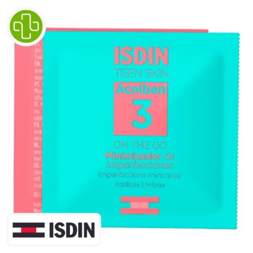 Produit de la marque Isdin Acniben 3 On The Go Lingettes Séchantes Imperfections Localisées – 30u sur un fond blanc avec un logo Parachezvous celui de de la marque Isdin