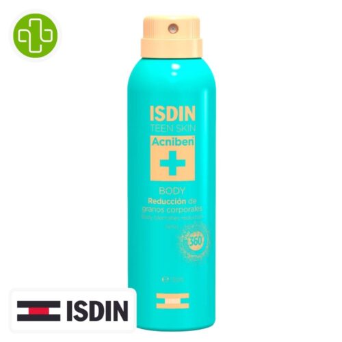 Produit de la marque Isdin Acniben (+) Spray Anti-Boutons Coprs – 150ml sur un fond blanc avec un logo Parachezvous celui de de la marque Isdin