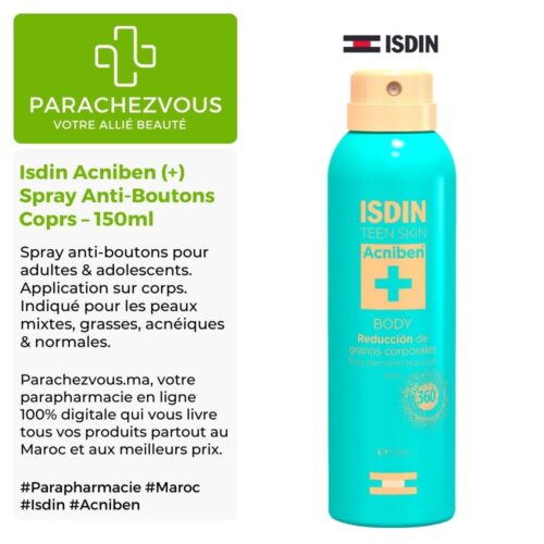 Produit de la marque Isdin Acniben (+) Spray Anti-Boutons Coprs – 150ml sur un fond blanc, vert et gris avec un logo Parachezvous et celui de la marque Isdin ainsi qu'une description qui détail les informations du produit