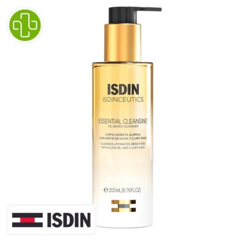 Produit de la marque Isdin Isdinceutics Essential Cleansing Huile Nettoyante Démaquillante – 200ml sur un fond blanc avec un logo Parachezvous celui de de la marque Isdin