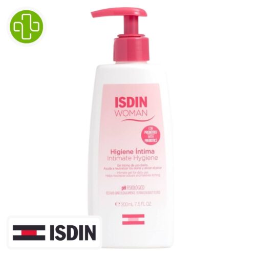 Produit de la marque Isdin Woman Gel Hygiène Intime Hydratant Usage Quotidien – 200ml sur un fond blanc avec un logo Parachezvous celui de de la marque Isdin