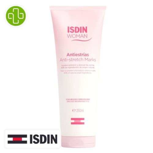 Produit de la marque Isdin Woman Soin Anti-Vergetures – 250ml sur un fond blanc avec un logo Parachezvous celui de de la marque Isdin
