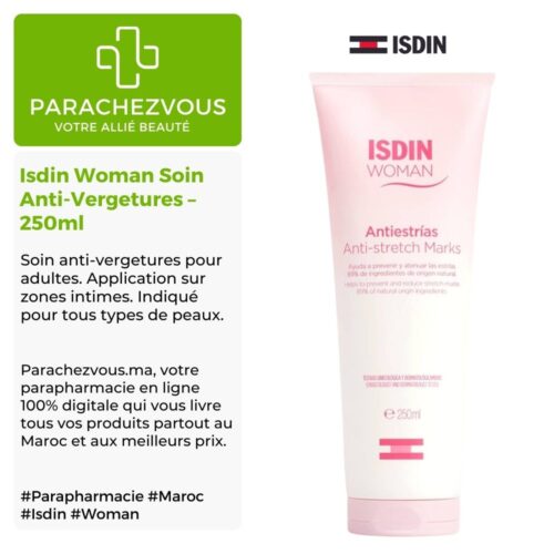 Produit de la marque Isdin Woman Soin Anti-Vergetures – 250ml sur un fond blanc, vert et gris avec un logo Parachezvous et celui de la marque Isdin ainsi qu'une description qui détail les informations du produit
