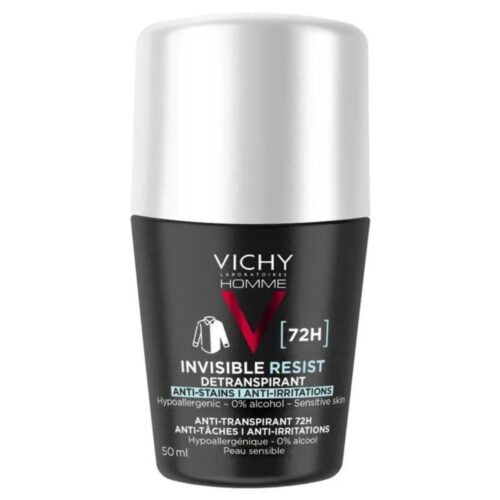Vichy Homme Déodorant Roll-On Invisible Resist Dermo-Détranspirant Anti-Taches Anti-Irritations 72h – 50ml
