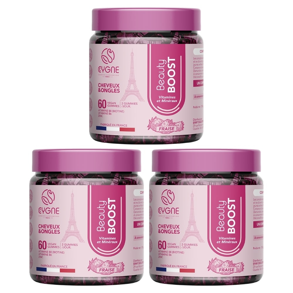 🎁 OFFRE -10% 🎁 CygneLab Beauty Boost Vitamines et Minéraux Cheveux et Ongles Fraise – 60×3 Gummies