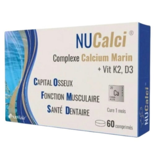 Nutrilair NuCalci Complexe Calcium Marin + Vit K2 et K3 Capital Osseux, Fonction Musculaire et Santé Dentaire - 60 Comprimés