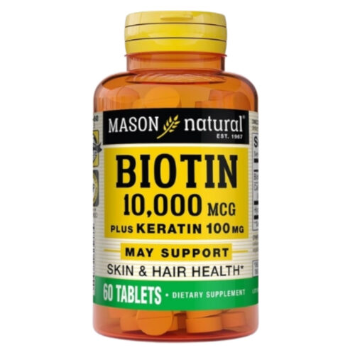 Mason Natural Biotine 10000mcg et Kératine 100mg Cheveux, Ongles et Peau - 60 Comprimés