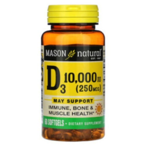 Mason Natural Vitamine D3 10 000UI 250mcg Immunité, Santé des Os et des Muscles - 60 Gélules