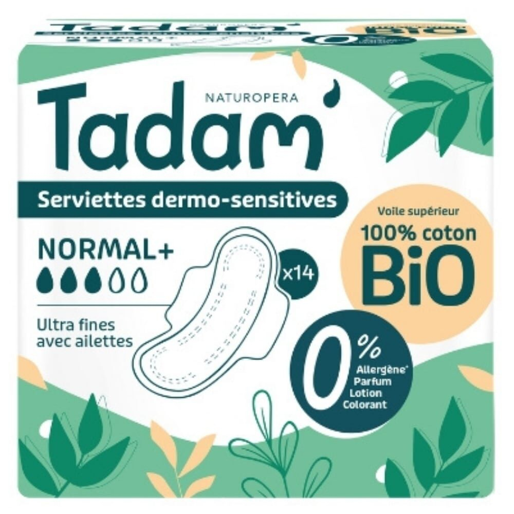Tadam Serviettes Dermo Sensitives Ultra Fines Avec Ailettes Normal Bio 14u