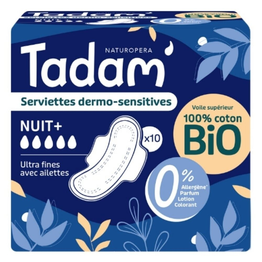 Tadam Serviettes Dermo Sensitives Ultra Fines Avec Ailettes Nuits Bio 10u