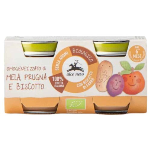 Alce Nero Pots De Pomme Prune Et Biscuit 6mois Bio 2x80g