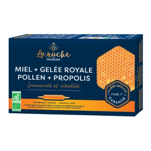 Dietaroma La Ruche Miel Gelee Royale Pollen Et Propolis Ampoules Bio 20u